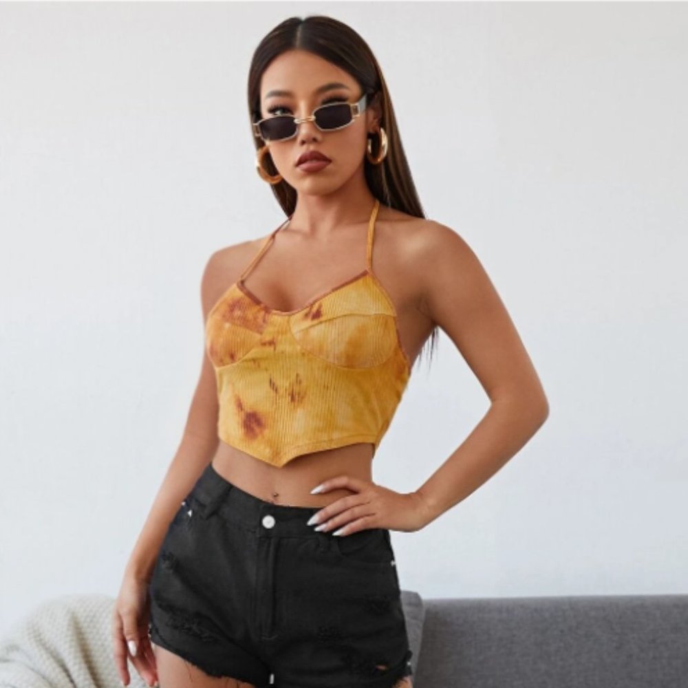 Mustard Yellow Tie Dye Knotted Back Halter